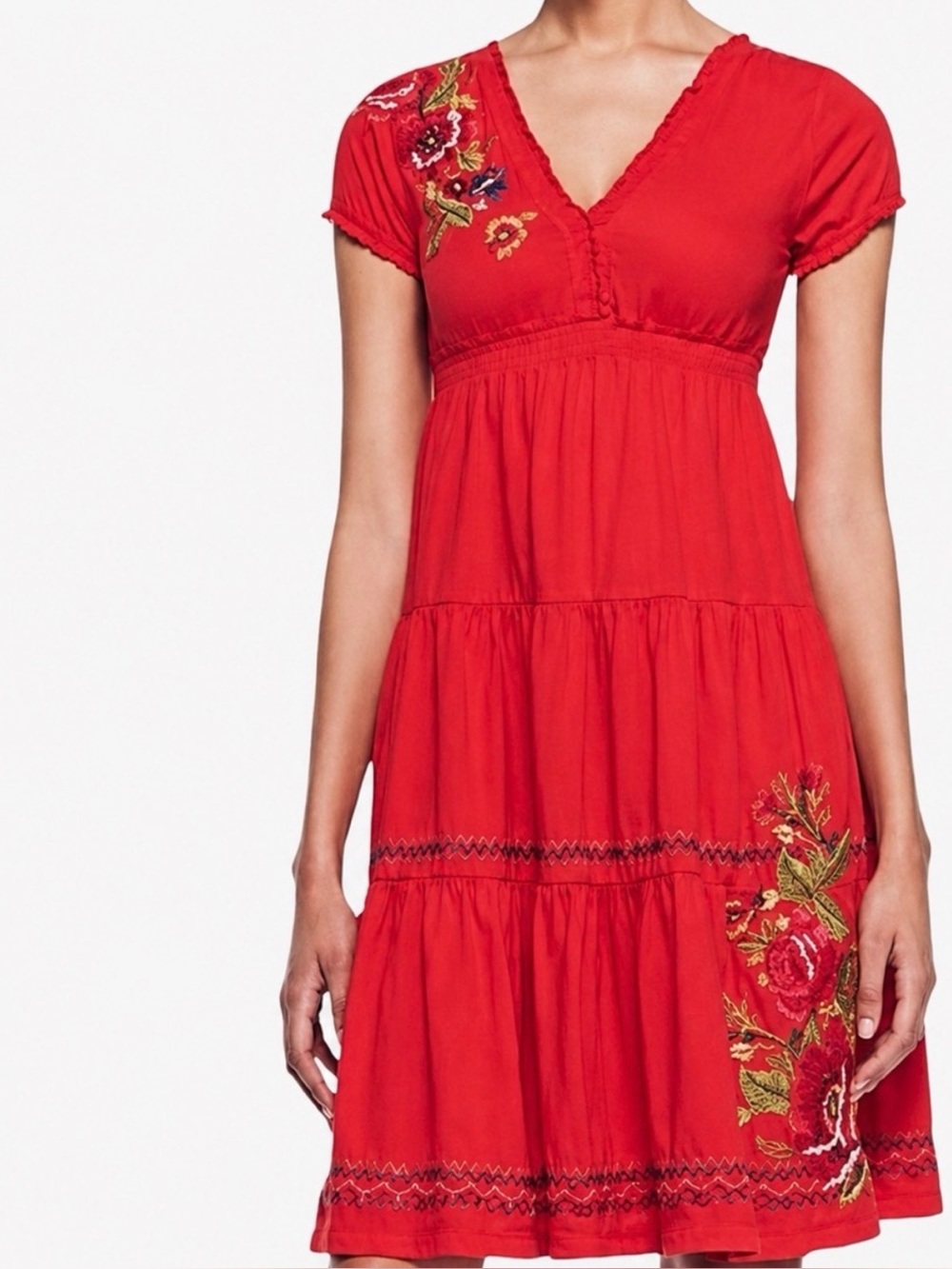 Johnny Was Red Cotton Embroidered Tiered Women's Dress - Size XL